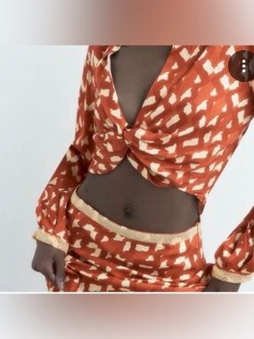 NWT ZARA boho linen-blend cropped blouse twist front beaded cuffs medium.